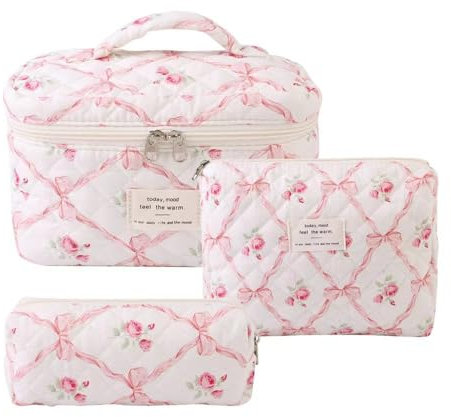 Damen Gesteppte Kulturtasche, 3 Stück Kosmetiktasche, Blumenmuster Kulturbeutel Set, Reisen Schminktasche Gedruckt, Baumwolle Make up Bag für Frauen Mädchen (Diamond Pink Bow)