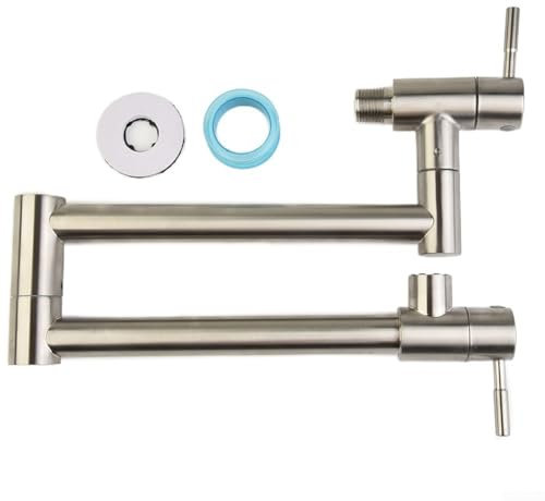Zilimontt Rubinetto di riempimento per pentole spazzolato, in ottone, montaggio a parete, rubinetto per stufa da cucina con bracci oscillanti a doppio giunto, doppio supporto foro singolo