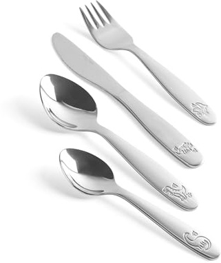 Salter 4-teiliges Kinderbesteckset Dinosaurier - 1 x Abendmesser, 1 x Gabel, 1 x Dessertlöffel, 1 x Teelöffel, Edelstahl, Spülmaschinenfest, Gepresstes Muster, Kleinkindutensilien, Silber