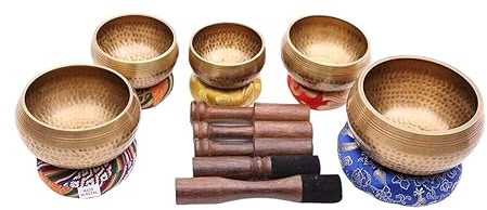 Lot de 5 bols chantants tibétains fabriqués à la main - Bols de méditation en cuivre martelé avec maillets et coussins en bois