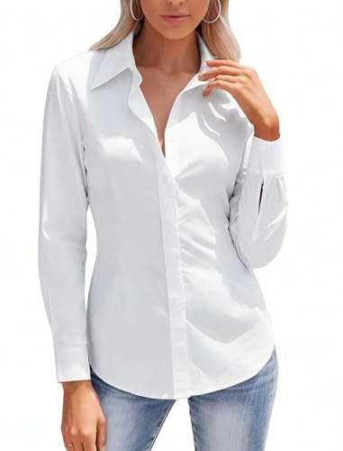 HOTOUCH Women Button Down Shirt Stretch Solid Long Sleeve Tops Slim Fit Casual Work Office Blouses Wrinkle Free White S