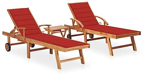 QZZCED Lettino da giardino in legno di teak massiccio con cuscino e tavolino ausiliario, 3 posizioni regolabili e 2 ruote per esterni, mobile da giardino durevole e resistente alle intemperie