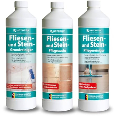 HOTREGA Fliesenreiniger extra stark Set 3x 1L | Steinreiniger Konzentrat | Pflegereiniger & Pflegewachs für Terrasse | Glanzerneuerung auf Naturstein, Betonwerkstein, Keramik & unglasierte Fliesen