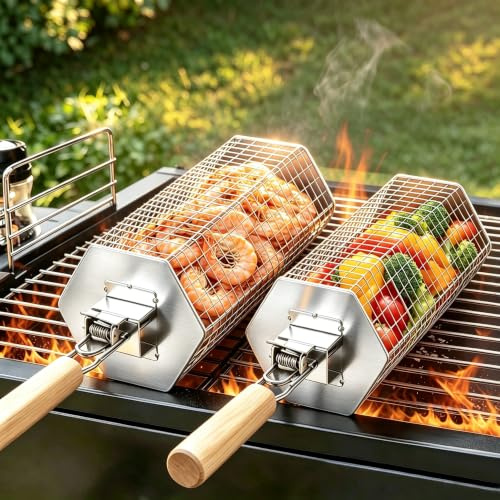 Yaskyly Rolling Grill Baskets for Outdoor Grill, 2PCS BBQ Grilling Basket, Flip Open Hexagon Design, Stainless Steel Grilling Accessories with Removable Wooden Handle for Meat Fish Vegetable Seafood
