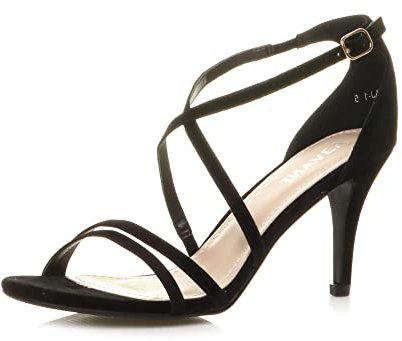 Ajvani Womens Ladies mid high Heel Strappy Crossover Wedding Sandals Shoes, Black Suede, 6 UK