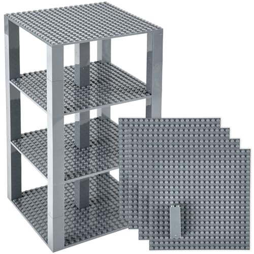 Strictly Briks Premium Gray Stackable Base Plates - 4 Pack 6 X 6 Baseplate Bundle With 30 Gray New and Improved 2 X 2 Stackers - Tower Construction