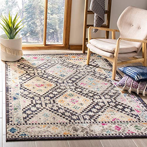 SAFAVIEH Boho Teppich für Wohnzimmer, Esszimmer, Schlafzimmer - Madison Collection, Kurzer Flor, Schwarz und Gelb, 122 X 183 cm