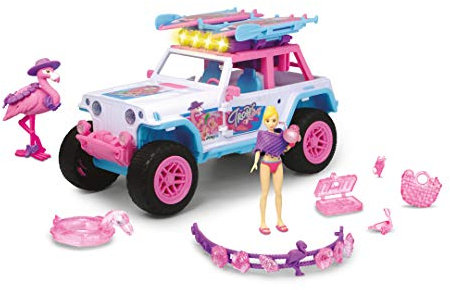 Dickie Toys Pink Drivez Flamingo Jeep, Spielzeug Geländewagen mit viel Zubehör, Spielzeugauto, bewegl. Figur, Flamingo, Board, Armband UVM., 22 cm, Licht & Sound, inkl. Batterien, ab 3 Jahren