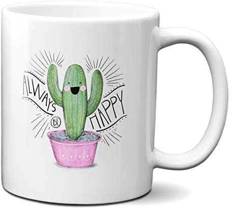 Planetacase - Taza Cactus Always be Happy - Regalo para Amigos y Familia - Diseño Alegre y Positivo - Cerámica, Blanca, 330 mL