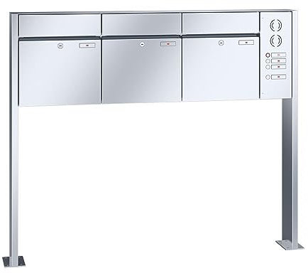 RENZ/Plan / 3er Freistehende Briefkastenanlage Standbriefkasten mit Sprechfeld / V4A-Edelstahl/Volumen 28 L/mit Fußplatten/Dein-Briefkasten.de