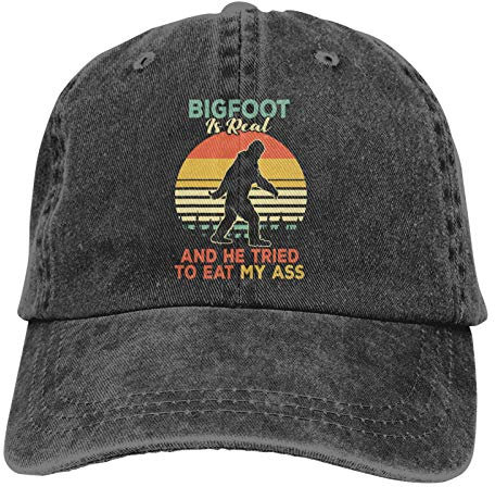 Bigfoot is Real and He Tried To Eat My Ass Hat, Lustiges Sasquatch-Geschenk für Männer und Frauen, verstellbare Vintage-Baseballkappe aus Denim - - Einheitsgröße