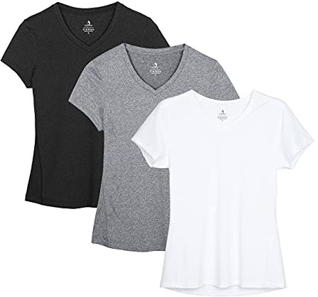 icyzone Damen Sport Fitness T-Shirt Kurzarm V-Ausschnitt Laufshirt Shortsleeve Yoga Top 3er Pack (XXL, Black/Gray/White)