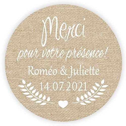 MameArt 50 STICKERS Autocollants Personnalisée Mariage, Merci pour votre présence, Prénom et Date, 4cm Étiquettes Autocollants pour Mariage Anniversaire Ans Baptême Cadeaux Fête (Lin)