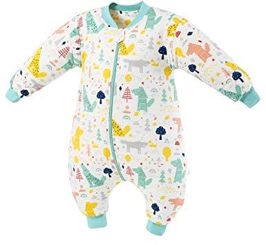 Baby Schlafsack mit Füßen 1.5Tog, Winterschlafsack Baumwolle mit abnehmbaren Ärmeln für Säugling Kleinkinder, Ganzjahres Langarm Baby Schlafanzug für Neugeborene (Wald,Large)