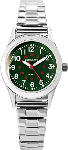 Excellanc Damen-Uhr Edelstahl Zugarmband 19cm ⌀ 28mm 14mm breit silberfarbig grün Luminazeiger gut lesbar 24 Std Anzeige