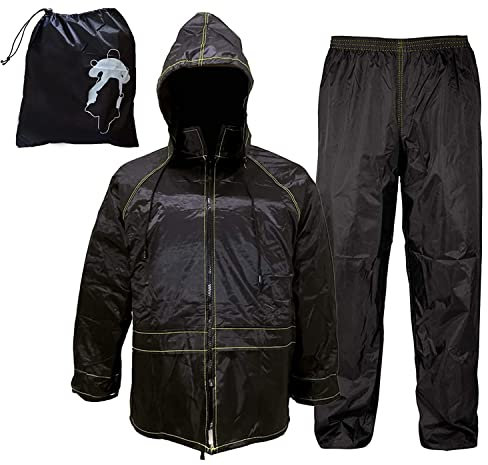 Rebeca Shop Tuta Moto Impermeabile Antipioggia Antivento | Con Borsa | Nero | Completo Giacca e Pantalone - Cappuccio a Scomparsa | Uomo Donna | Scooter Bici | Kit pioggia (L)