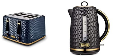 Tower T20061BLK Empire 4-Slice Toaster with Defrost/Reheat, Removable Crumb Trays, 1600W, Midnight and Brass & T10052BLK Empire Rapid Boil Kettle with Removable Filter, 3000W, Black and Brass