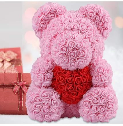 OISE ART STORE Trade Shop - Orsacchiotto Orsetto Orso di Rose con Fiori da 40cm Colore Rosa con Cuore Rosso