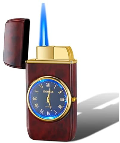 Luxus Feuerzeug aus Metall. Mit Uhr. Nachbüllbar/Refill (ROT Holz)