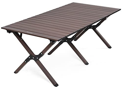 Rainberg Tragbarer Faltbarer Camping-/Picknicktisch aus Aluminium, 120 x 60 cm, kompakter Gartentisch mit Tragetasche für Picknick, Camping, Grillen, Party und Abendessen im Freien (Walnussholz)