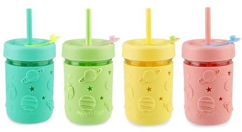 PandaEar Verres pour Enfants et Tout-Petits, Lot de 4 Verres en Verre de Type Mason Jar de 250 ml avec Manchons en Silicone & Pailles, Verres à Smoothie Anti-Renversement pour Tout-Petits