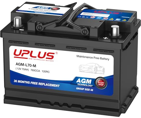 UPLUS BCI Group 48 Car Battery, AGM-L70-M Maintenance Free 12V 70Ah Premium AGM Batteries H6 L3 Automotive Battery, 760CCA, 120RC