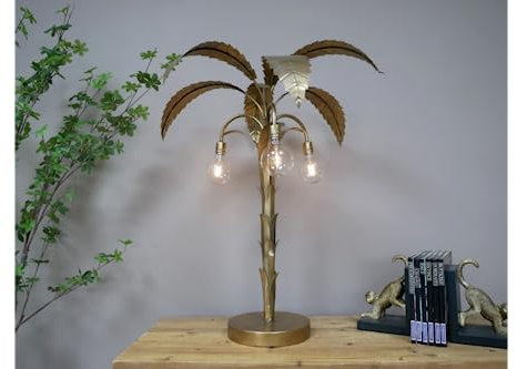 MAISONICA Retro Palm Tree Table Lamp Light - Huge 75cm - Gold Battery Operated Triple Bulb