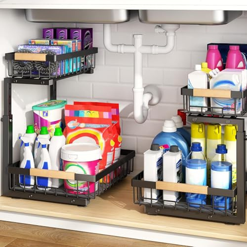 PXRACK Paquete de 2 organizadores para debajo del fregadero, altura ajustable, organizador extraíble de 2 niveles, estante de metal grueso, almacenamiento deslizante debajo del fregadero para cocina