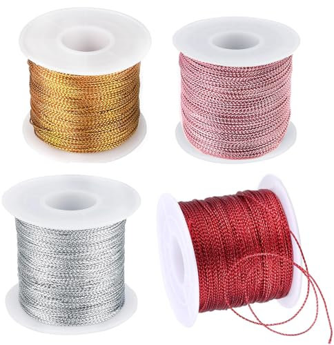 ieron 4 Rollen Goldkordel, 2 m metallisches Gold-Bastelgarn, gedrehte Bänder mit Spule, Kordel für Schmuckkordel, DIY-Bastelkordel und Verpackungskordel (Gold/Silber/Rot/Roségold)