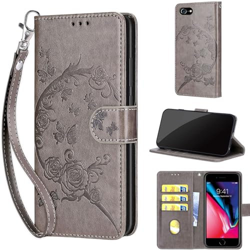 TOMYOU iPhone SE 2022/2020 Case/iPhone 7/8 Case, Premium PU Leather Flip Notebook Wallet Cover with Kickstand, 3 Card Slots, Gray Flower