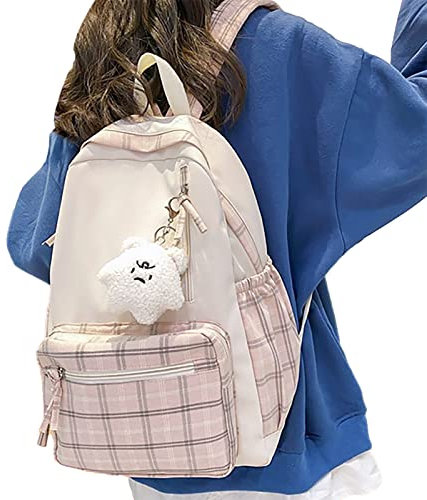 -Rucksack, College-Laptop-Rucksäcke Mit Mehreren Taschen, Karierter Schulrucksack, Ästhetischer Rucksack Mit Plüschanhänger Für Schultaschen, Teenager, Mädchen, Frauen, Studenten Und Andere Allt