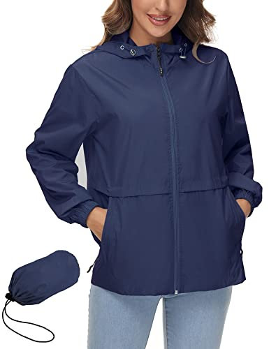 IECCP Regenjacke Damen Wasserdicht Leicht Atmungsaktiv Sommer Regenmantel Fahrrad Sportjacke Packbar Dünne Windbreaker Navy Blau XL