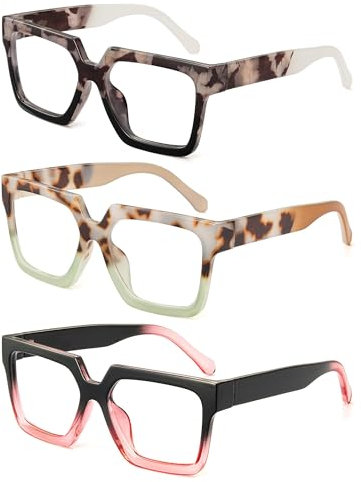 JM 3er Pack Ubergroße Lesebrille Damen, Quadratische Blaulichtfilter Brille +2.00