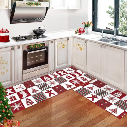 CAROMIO Weihnachts-Küchenmatte, Waschbarer Läuferteppich rutschfeste Küchenteppiche und Matten Dekorative Weihnachtsläufermatten rutschfeste Küchenbodenmatte für Waschtisch, 40 x 60 + 40 x 120 cm