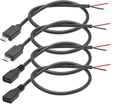 Riertostng 4 cavi corti micro USB maschio a 2 pin, 30 cm, a 2 pin, cavo di alimentazione per saldatura semplice da 5 V/3 A, cavo micro USB maschio e femmina, 4 pezzi (2 paia)