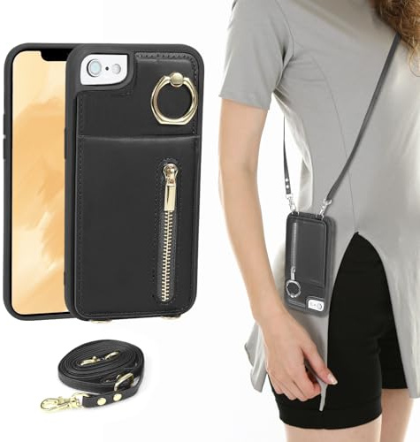 Jcxtrombulous Crossbody Wallet Case for iPhone 7/8/SE 2020/SE 2022 with Lanyard Strap Card Slot Holder 360° Kickstand,Magnetic Flip Folio Zipper Purse Case, PU Leather Cover Handbag,Black