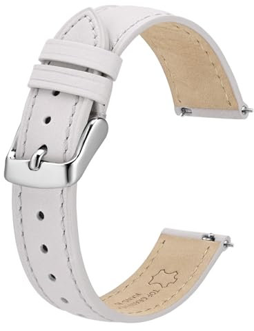 BISONSTRAP Elegante Leder Uhrenarmband, Schnellverschluss, Uhrenarmbänder für Damen und Herren, Kompatibel mit Uhrenanstößen von 14mm, Weiß (Silberne Schnalle)