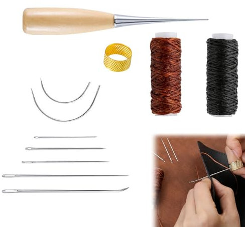 11Pcs Leather Sewing Kit, Upholstery Repair Sewing Kit, Leather Sewing Needles Kit, Leather Stitching Kit for Beginners or Leather Craft DIY, for Fabric Sewing Upholstery Tools for Sofas Carpet