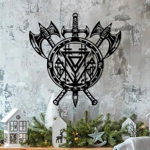 Generisch 2 Äxte Schild und Schwert schwarz Metall Schild Wand-Deko Wikinger Wandbild wall