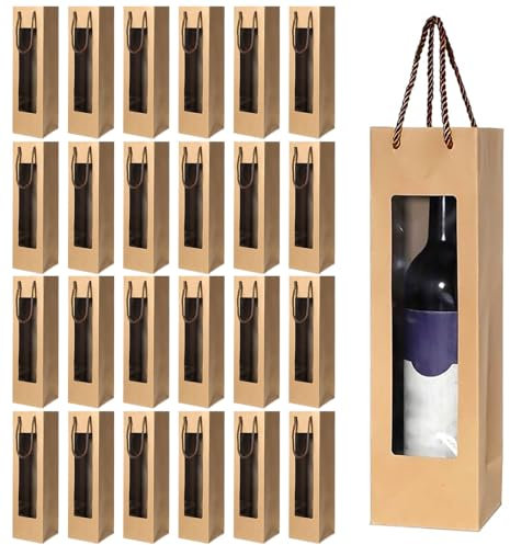 Weinflaschenbeutel aus Kraftpapier, 24 Stück Geschenktasche Flasche Flaschentüten Mit Fenster, Flaschentüten Geschenktüte mit Griff, Champagner Geschenktasche, für Geburtstagsfeiern, Hochzeiten(Braun)