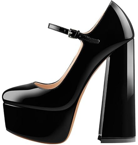 blingqueen Scarpe da donna con tacco alto Mary Jane con tacco a blocco, laccate, Pintura Nero, 45 EU