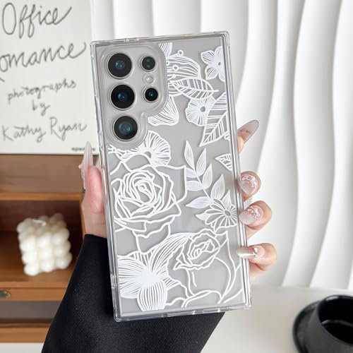 XIZYO Case for Samsung Galaxy S24 Ultra, Cute Clear Rose Flower Floral Pattern Slim Shockproof Phone Case, for Girls Women Soft TPU Luxury Transparent Protective Cover, White