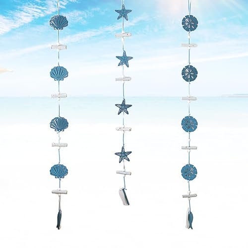LUMOOM 3er Pack Maritime Holz Deko Set Mit Seestern Jakobsmuschel Meeresblume Anhänger, Mediterrane Hängedekoration Im Marine Stil, Nautische Wandbehang Für Haus Garten Fenster