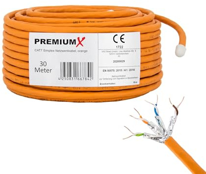 Premium X Cavo di rete CAT 7, 30 m, cavo LAN, Simplex, cavo dati Ethernet, S/FTP PiMF PoE Eca Kat7, cavo di installazione per una facile posa