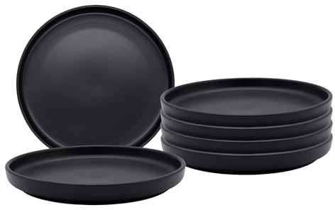 Platos de cerámica fina con borde negro mate – Juego de 6 platos de desayuno de cerámica noble pequeños de 21 cm de diámetro – Platos llanos para 6 personas apto para lavavajillas elegante