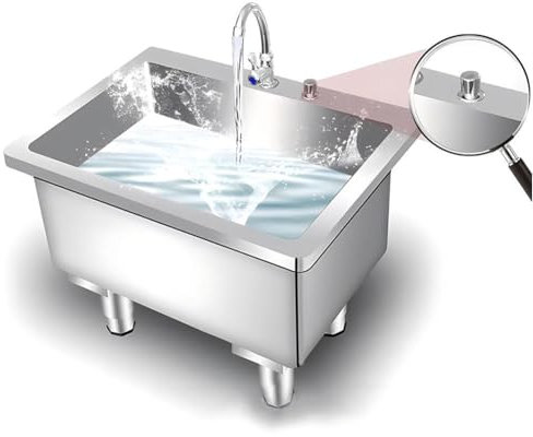 Évier utilitaire en acier inoxydable avec lavabo profond, grand lavabo autonome, pieds réglables et robinet, parfait pour la buanderie, argentA, 80 x 45 x 45 cm