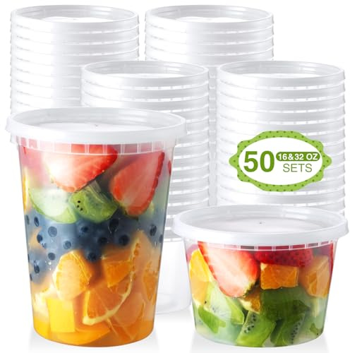 50 Stück Deli Container mit Deckeln, [25stk 480ml & 25stk 960ml Combo] | Meal Prep Boxen, Mikrowellen Gefrierschrank sichere, Kunststoff Speicherboxen, auslaufsicher für Lunchboxen, To-Go-Essena