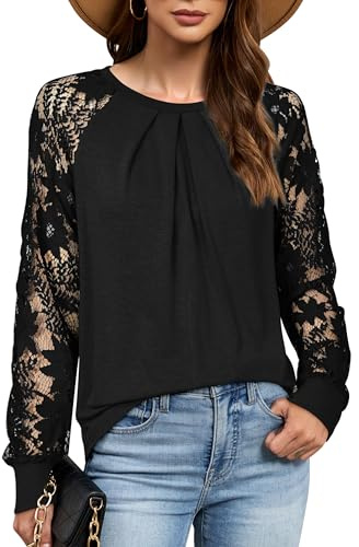 LAISHEN Long Sleeve Tops Women Lace Pleated Casual Dressy Blouse Shirts Ladies Crewneck Tunic Top Outfits Black,L