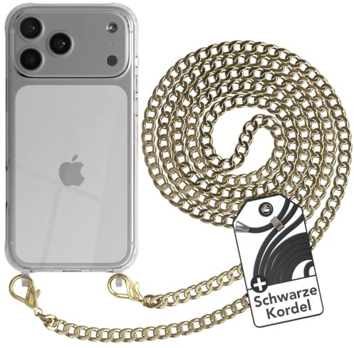 EAZY CASE Handykette kompatibel mit iPhone 17 Pro Max Handyhülle mit Metall Umhängeband und Ersatz Kordel schwarz, Handykordel mit Schutzhülle, Stylische Kette, Metall - Gold