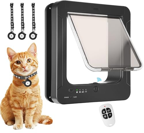 Smart Cat Door for Interior & Exterior, Cat Pet Door with 3 Collar Sensor Keys & 1 Remote Control & 4 Way Locking Cat Flap with RFID Collar Activated Opening